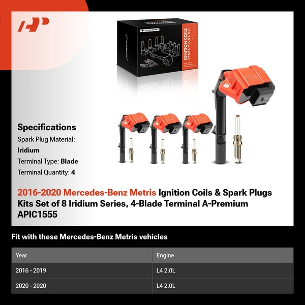 2016-2020 Mercedes-Benz Metris Ignition Coils & Spark Plugs Kits Set of 8 Iridium Series, 4-Blade Terminal A-Premium APIC1555
