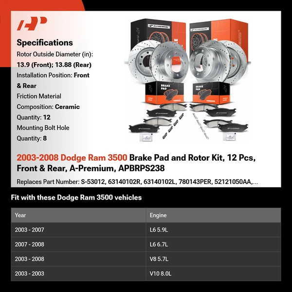 2003-2008 Dodge Ram 3500 Brake Pad and Rotor Kit, 12 Pcs, Front & Rear, A-Premium, APBRPS238