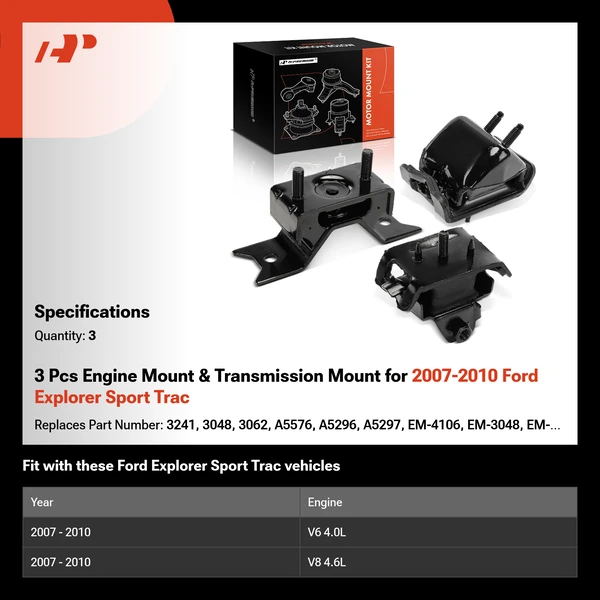 3 Pcs Engine Mount & Transmission Mount for 2007-2010 Ford Explorer Sport Trac
