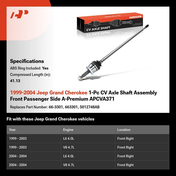 1999-2004 Jeep Grand Cherokee 1-Pc CV Axle Shaft Assembly Front Passenger Side A-Premium APCVA371