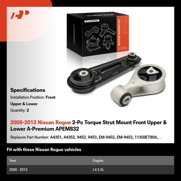 2008-2013 Nissan Rogue 2-Pc Torque Strut Mount Front Upper & Lower A-Premium APEM832