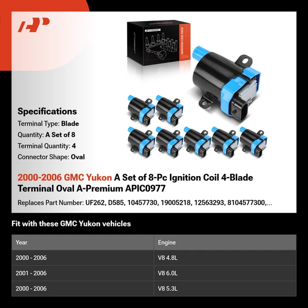 2000-2006 GMC Yukon A Set of 8-Pc Ignition Coil 4-Blade Terminal Oval A-Premium APIC0977