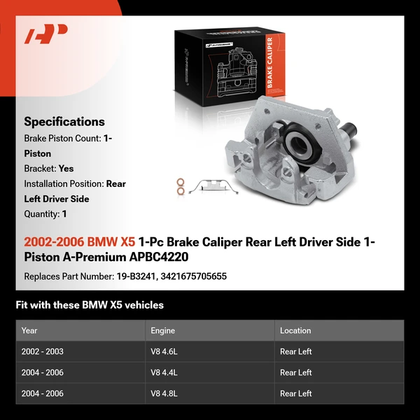 2002-2006 BMW X5 1-Pc Brake Caliper Rear Left Driver Side 1-Piston A-Premium APBC4220