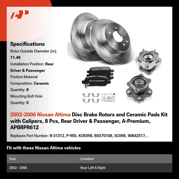 2002-2006 Nissan Altima Disc Brake Rotors and Ceramic Pads Kit with Calipers, 8 Pcs, Rear Driver & Passenger, A-Premium, APBRPR612