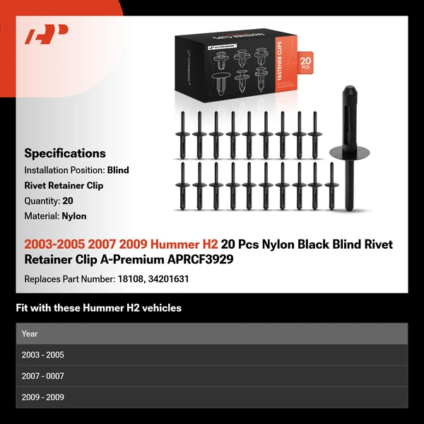 2003-2005 2007 2009 Hummer H2 20 Pcs Nylon Black Blind Rivet Retainer Clip A-Premium APRCF3929