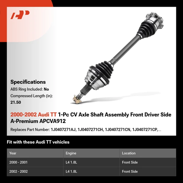 2000-2002 Audi TT 1-Pc CV Axle Shaft Assembly Front Driver Side A-Premium APCVA912
