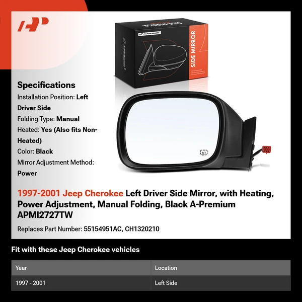 1997-2001 Jeep Cherokee Left Driver Side Mirror, with Heating, Power Adjustment, Manual Folding, Black A-Premium APMI2727TW