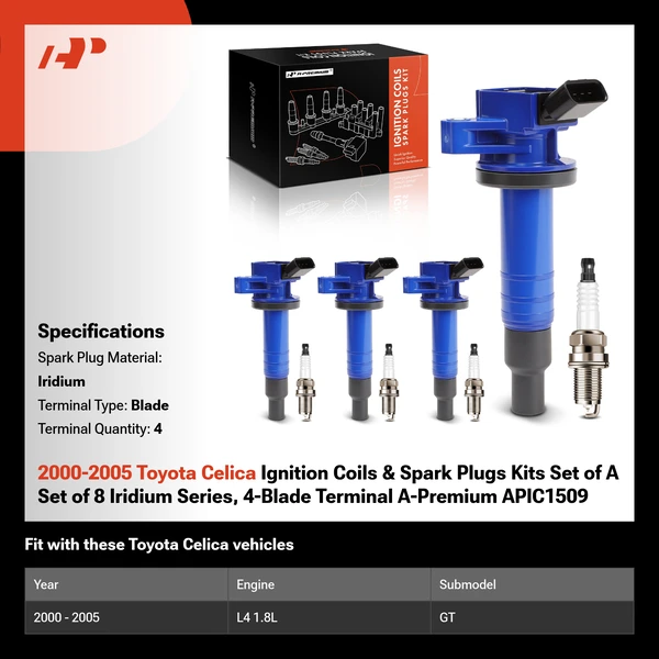 2000-2005 Toyota Celica Ignition Coils & Spark Plugs Kits Set of A Set of 8 Iridium Series, 4-Blade Terminal A-Premium APIC1509
