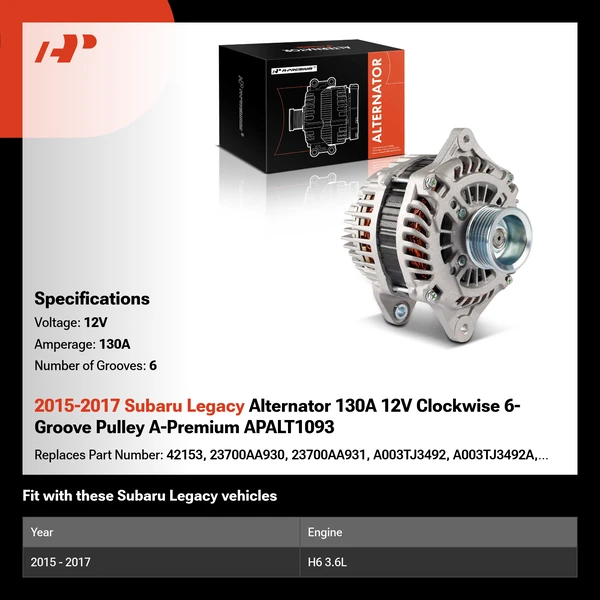 2015-2017 Subaru Legacy Alternator 130A 12V Clockwise 6-Groove Pulley A-Premium APALT1093