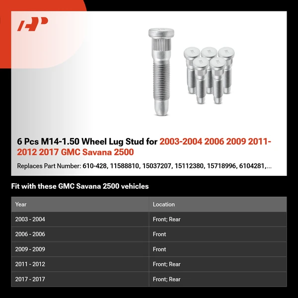 6 Pcs M14-1.50 Wheel Lug Stud for 2003-2004 2006 2009 2011-2012 2017 GMC Savana 2500