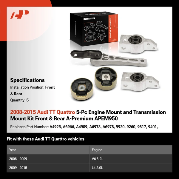 2008-2015 Audi TT Quattro 5-Pc Engine Mount and Transmission Mount Kit Front & Rear A-Premium APEM950