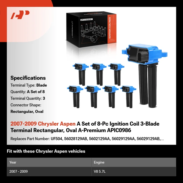 2007-2009 Chrysler Aspen A Set of 8-Pc Ignition Coil 3-Blade Terminal Rectangular, Oval A-Premium APIC0986