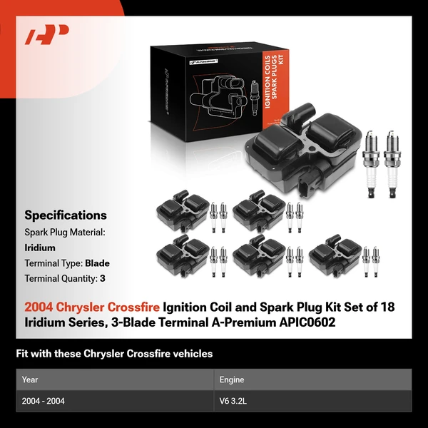 2004 Chrysler Crossfire Ignition Coil and Spark Plug Kit Set of 18 Iridium Series, 3-Blade Terminal A-Premium APIC0602