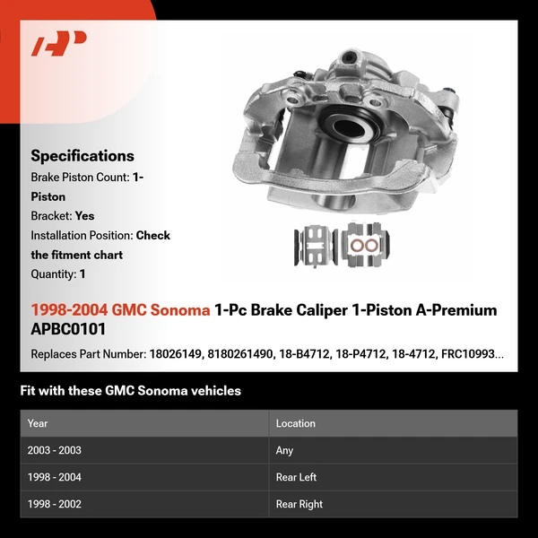 1998-2004 GMC Sonoma 1-Pc Brake Caliper 1-Piston A-Premium APBC0101