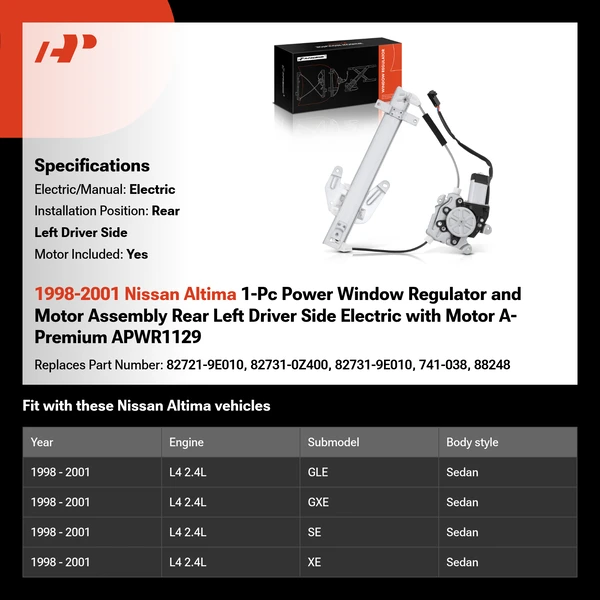 1998-2001 Nissan Altima 1-Pc Power Window Regulator and Motor Assembly Rear Left Driver Side Electric with Motor A-Premium APWR1129