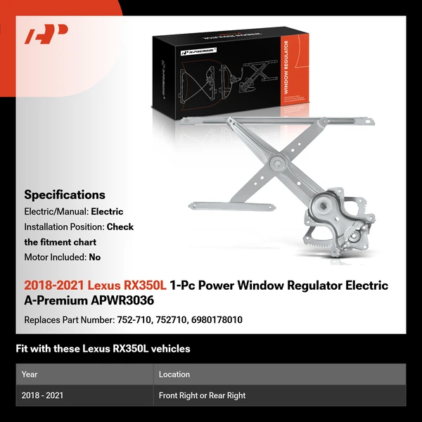 2018-2021 Lexus RX350L 1-Pc Power Window Regulator Electric A-Premium APWR3036