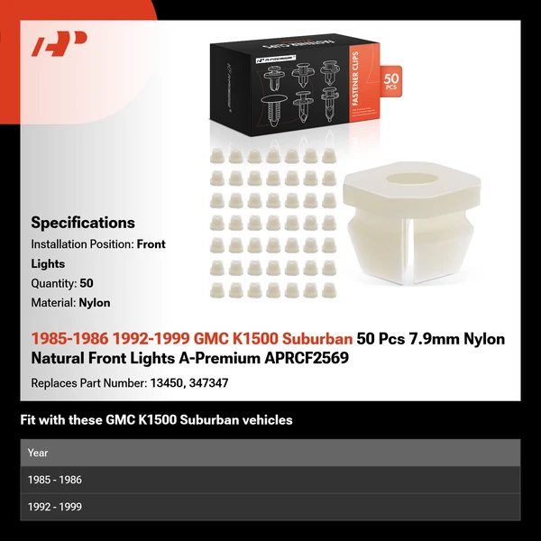 1985-1986 1992-1999 GMC K1500 Suburban 50 Pcs 7.9mm Nylon Natural Front Lights A-Premium APRCF2569