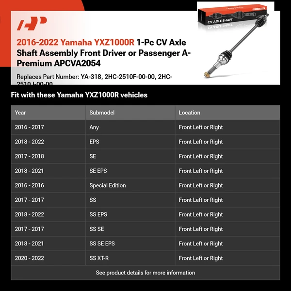 2016-2022 Yamaha YXZ1000R 1-Pc CV Axle Shaft Assembly Front Driver or Passenger A-Premium APCVA2054