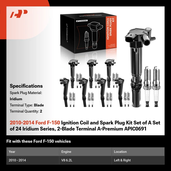 2010-2014 Ford F-150 Ignition Coil and Spark Plug Kit Set of A Set of 24 Iridium Series, 2-Blade Terminal A-Premium APIC0691