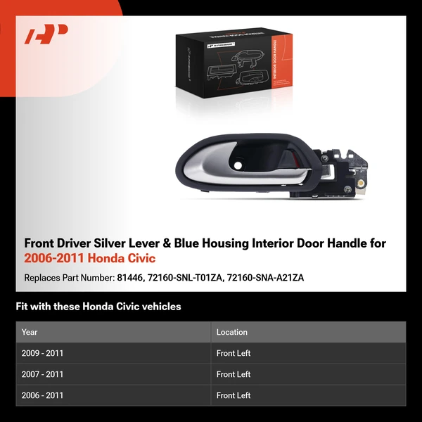 Front Driver Silver Lever & Blue Housing Interior Door Handle for 2006-2011 Honda Civic