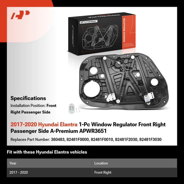 2017-2020 Hyundai Elantra 1-Pc Window Regulator Front Right Passenger Side A-Premium APWR3651