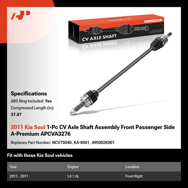 2011 Kia Soul 1-Pc CV Axle Shaft Assembly Front Passenger Side A-Premium APCVA3276