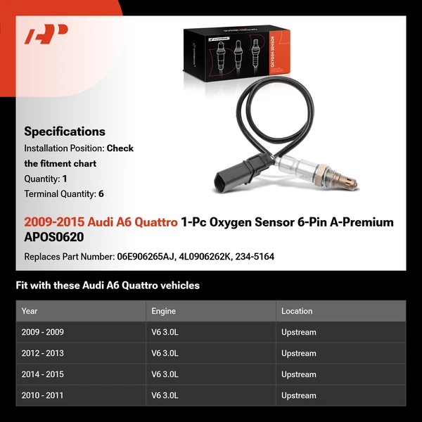 2009-2015 Audi A6 Quattro 1-Pc Oxygen Sensor 6-Pin A-Premium APOS0620