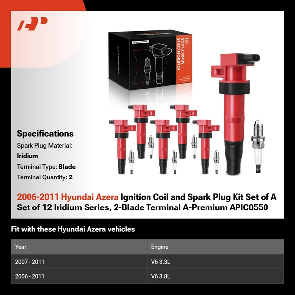 2006-2011 Hyundai Azera Ignition Coil and Spark Plug Kit Set of A Set of 12 Iridium Series, 2-Blade Terminal A-Premium APIC0550