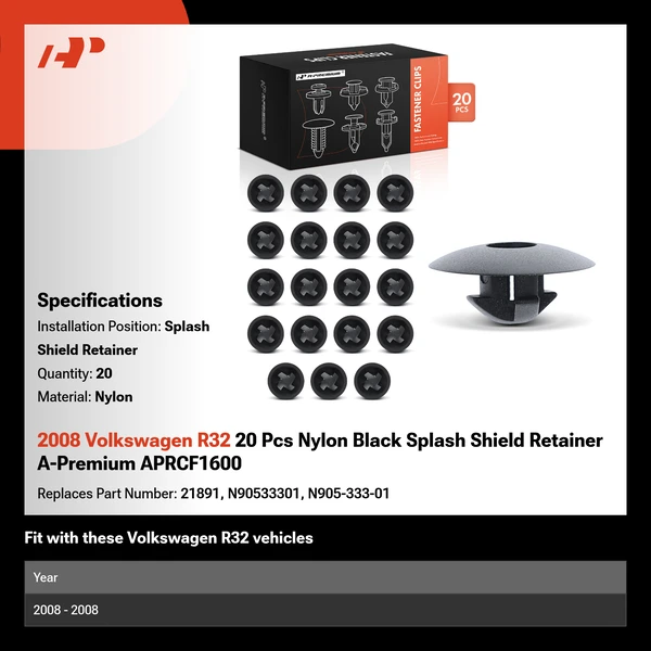 2008 Volkswagen R32 20 Pcs Nylon Black Splash Shield Retainer A-Premium APRCF1600