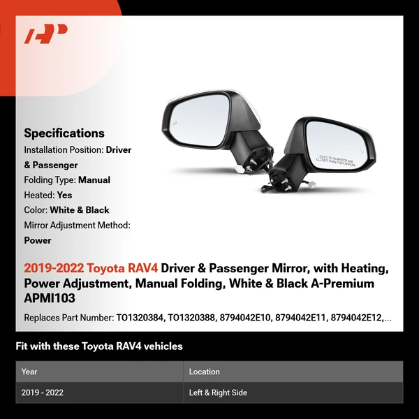 2019-2022 Toyota RAV4 Driver & Passenger Mirror, with Heating, Power Adjustment, Manual Folding, White & Black A-Premium APMI103