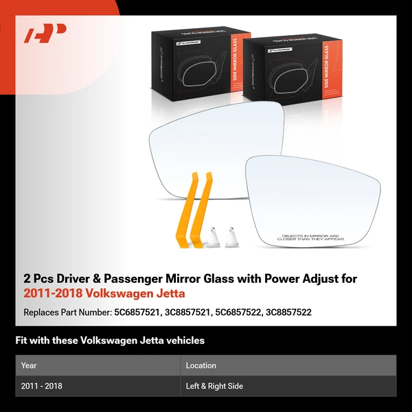 2 Pcs Driver & Passenger Mirror Glass with Power Adjust for 2011-2018 Volkswagen Jetta