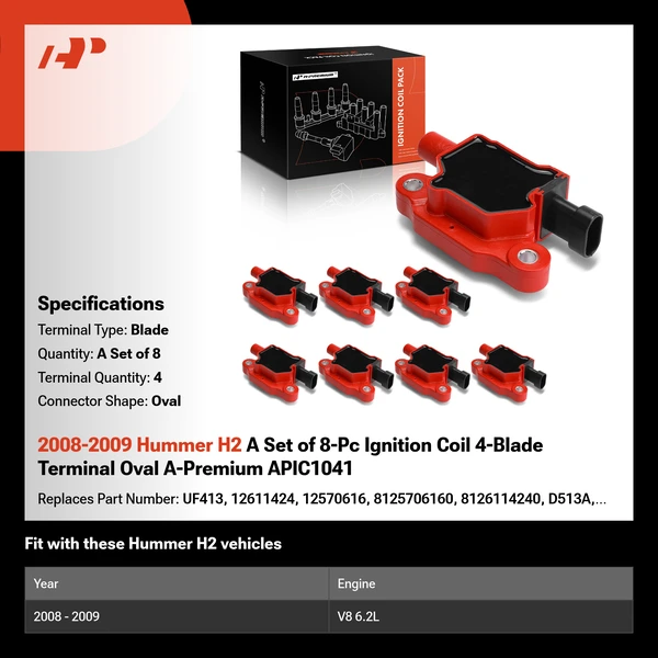 2008-2009 Hummer H2 A Set of 8-Pc Ignition Coil 4-Blade Terminal Oval A-Premium APIC1041