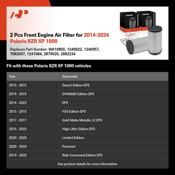 2 Pcs Front Engine Air Filter for 2014-2024 Polaris RZR XP 1000