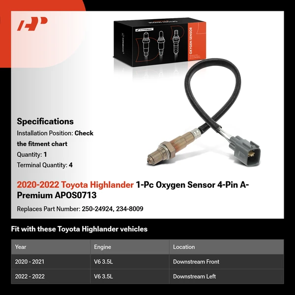 2020-2022 Toyota Highlander 1-Pc Oxygen Sensor 4-Pin A-Premium APOS0713