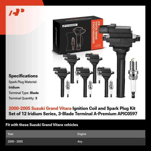 2000-2005 Suzuki Grand Vitara Ignition Coil and Spark Plug Kit Set of 12 Iridium Series, 3-Blade Terminal A-Premium APIC0597