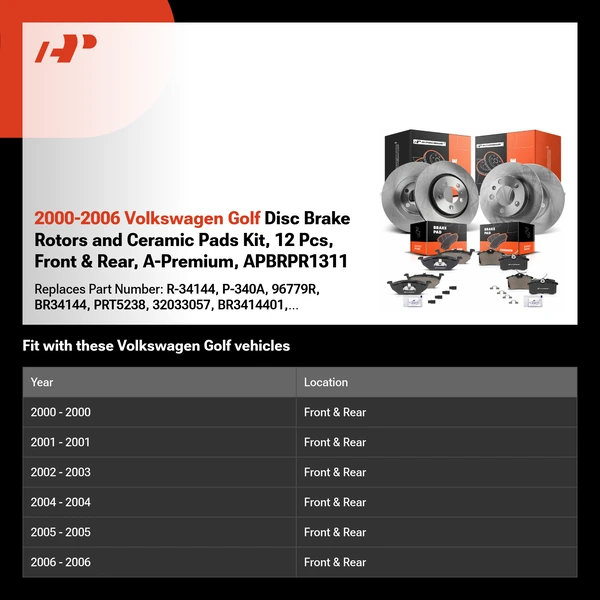 2000-2006 Volkswagen Golf Disc Brake Rotors and Ceramic Pads Kit, 12 Pcs, Front & Rear, A-Premium, APBRPR1311