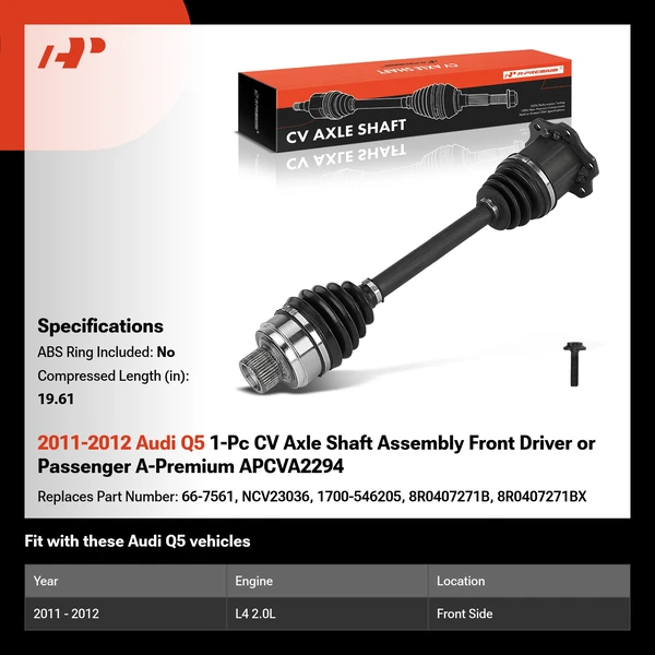 2011-2012 Audi Q5 1-Pc CV Axle Shaft Assembly Front Driver or Passenger A-Premium APCVA2294