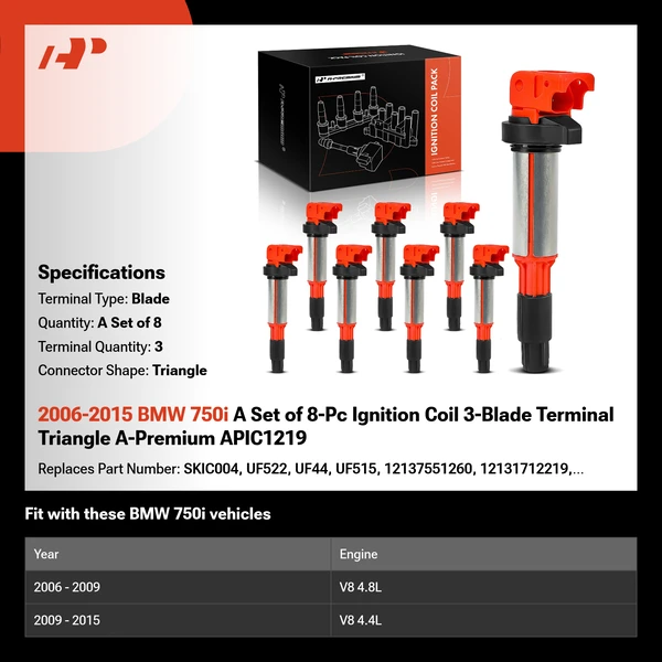 2006-2015 BMW 750i A Set of 8-Pc Ignition Coil 3-Blade Terminal Triangle A-Premium APIC1219
