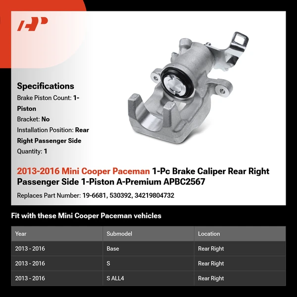 2013-2016 Mini Cooper Paceman 1-Pc Brake Caliper Rear Right Passenger Side 1-Piston A-Premium APBC2567