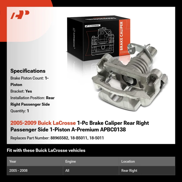 2005-2009 Buick LaCrosse 1-Pc Brake Caliper Rear Right Passenger Side 1-Piston A-Premium APBC0138