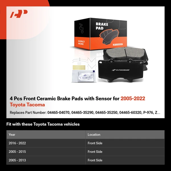 4 Pcs Front Ceramic Brake Pads with Sensor for 2005-2022 Toyota Tacoma