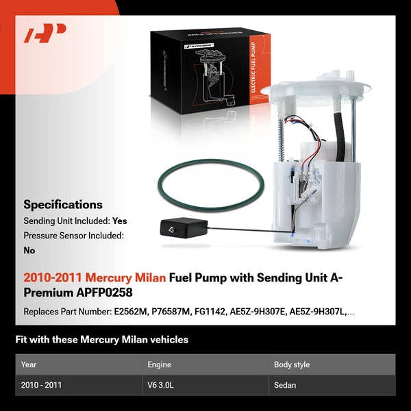 2010-2011 Mercury Milan Fuel Pump with Sending Unit A-Premium APFP0258