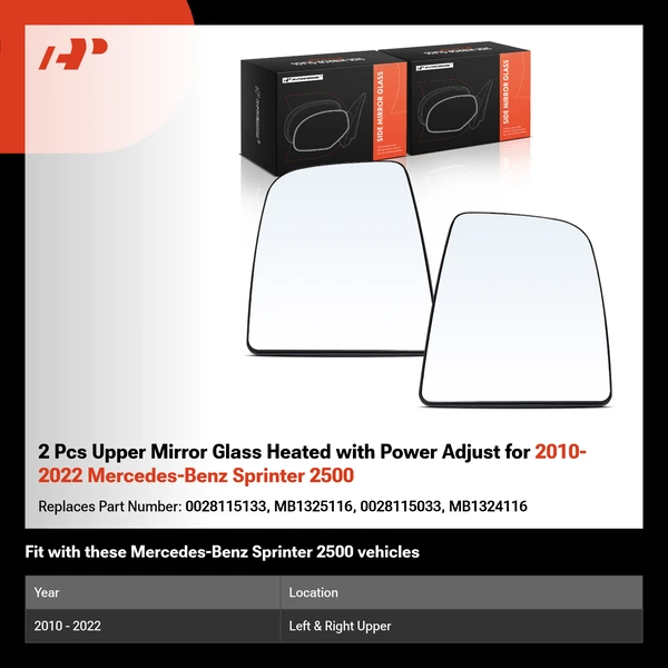 2 Pcs Upper Mirror Glass Heated with Power Adjust for 2010-2022 Mercedes-Benz Sprinter 2500