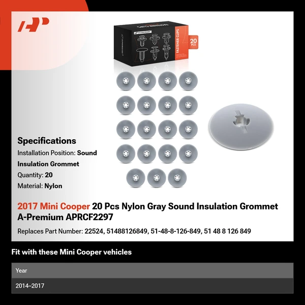 2017 Mini Cooper 20 Pcs Nylon Gray Sound Insulation Grommet A-Premium APRCF2297
