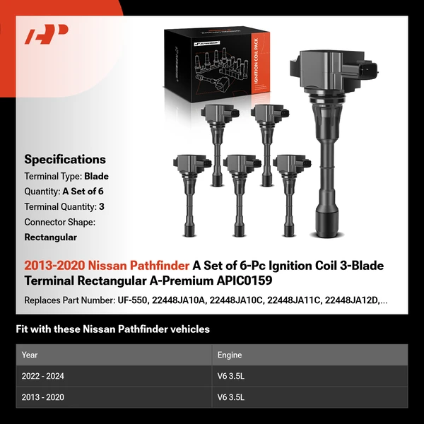 2013-2020 Nissan Pathfinder A Set of 6-Pc Ignition Coil 3-Blade Terminal Rectangular A-Premium APIC0159