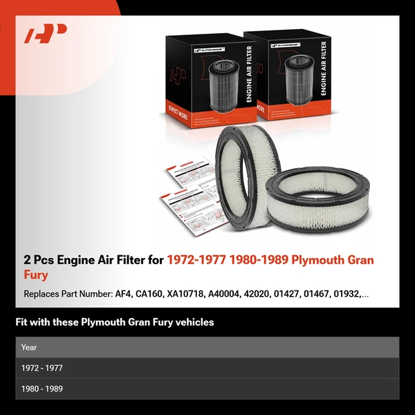 2 Pcs Engine Air Filter for 1972-1977 1980-1989 Plymouth Gran Fury