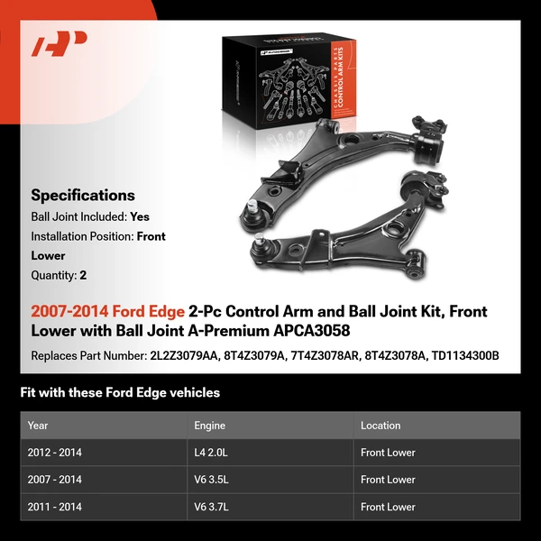 2007-2014 Ford Edge 2-Pc Control Arm and Ball Joint Kit, Front Lower with Ball Joint A-Premium APCA3058