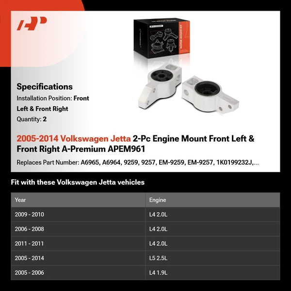 2005-2014 Volkswagen Jetta 2-Pc Engine Mount Front Left & Front Right A-Premium APEM961