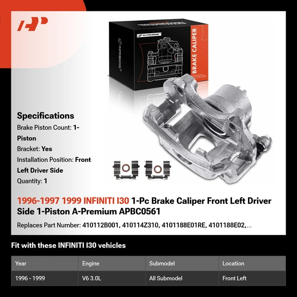 1996-1997 1999 INFINITI I30 1-Pc Brake Caliper Front Left Driver Side 1-Piston A-Premium APBC0561