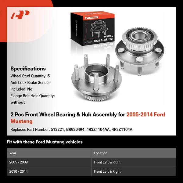 2 Pcs Front Wheel Bearing & Hub Assembly for 2005-2014 Ford Mustang